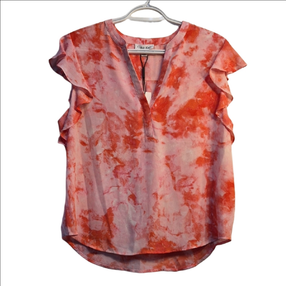 Calvin Klein Coral and Pink Tie-Dye Ruffle Sleeve Blouse